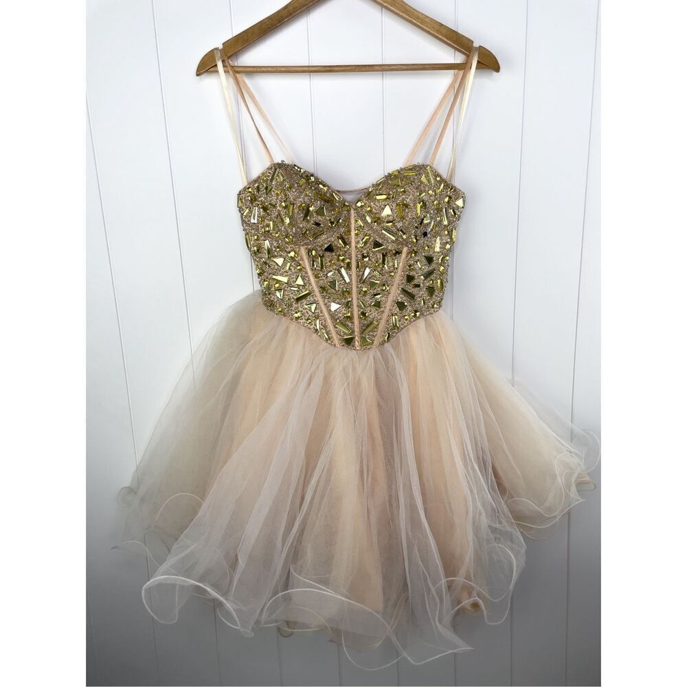 Dave & Johnny Tulle Corset Style Beaded Prom Dress Coquette Gold Size 3/4